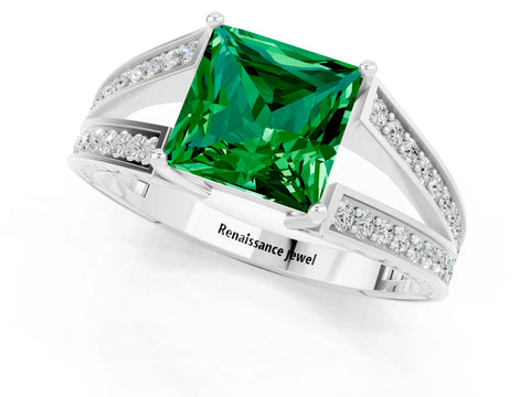 White gold Princess Cut Emerald Split Shank Ring with Pavé Band and Four-Prong Setting_1