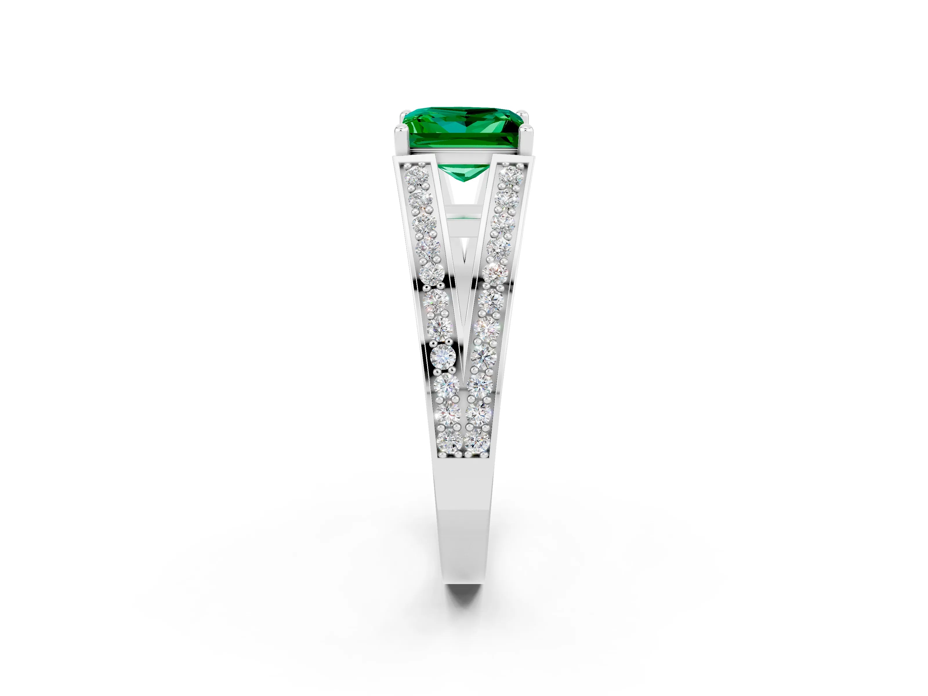 White gold Princess Cut Emerald Split Shank Ring with Pavé Band and Four-Prong Setting_2