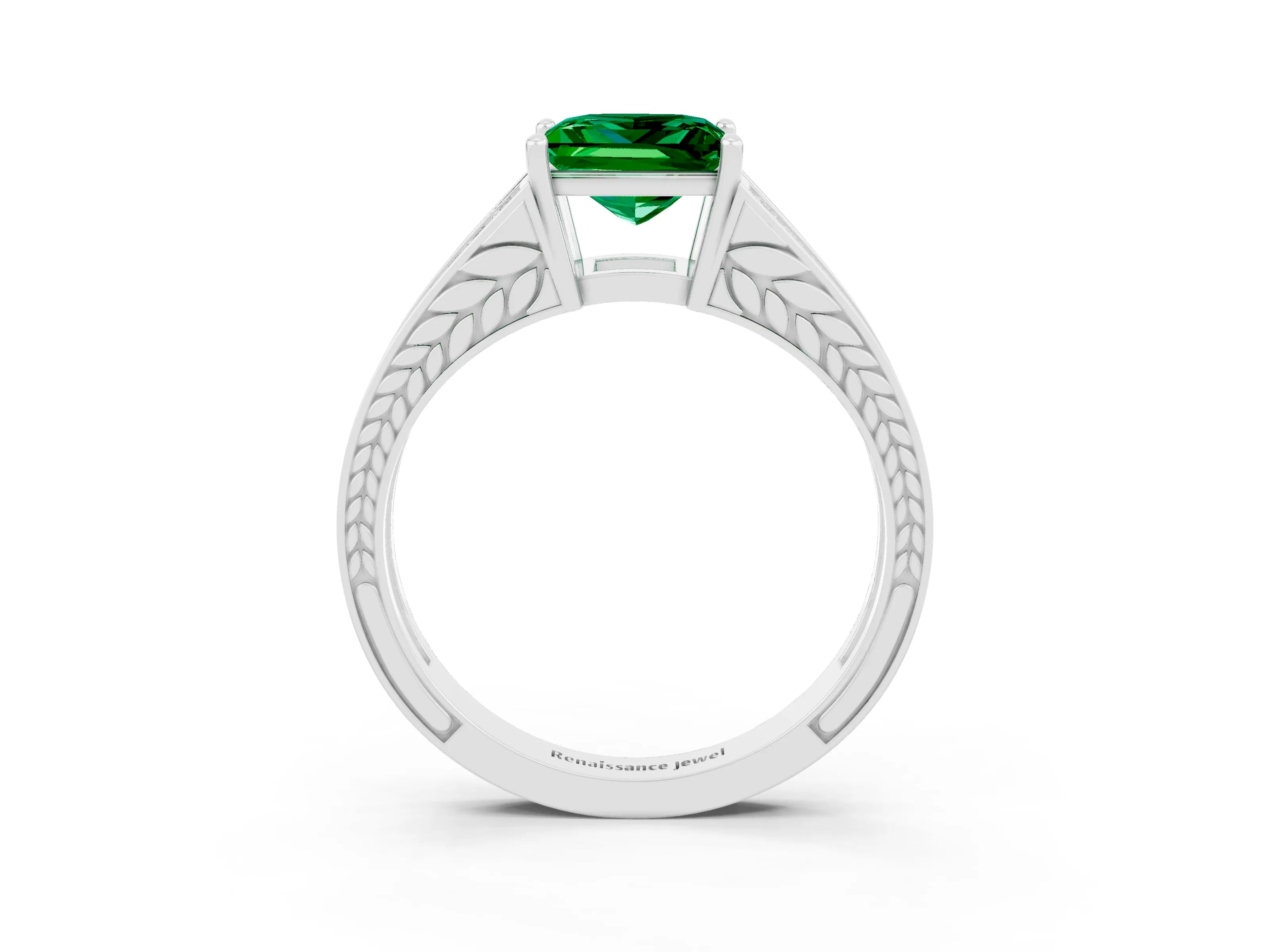 White gold Princess Cut Emerald Split Shank Ring with Pavé Band and Four-Prong Setting_3