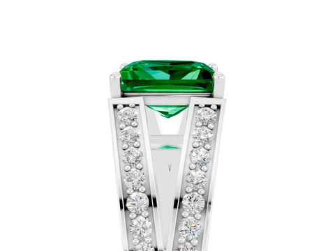 White gold Princess Cut Emerald Split Shank Ring with Pavé Band and Four-Prong Setting_5