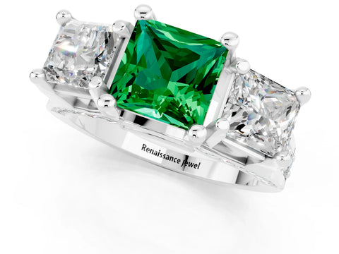 White gold Princess Cut Emerald Three-Stone Ring with Channel Set Band and Four-Prong Setting_1