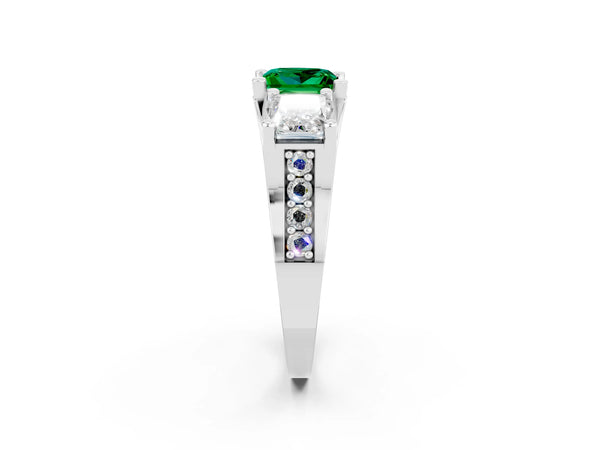 White gold Princess Cut Emerald Three-Stone Ring with Channel Set Band and Four-Prong Setting