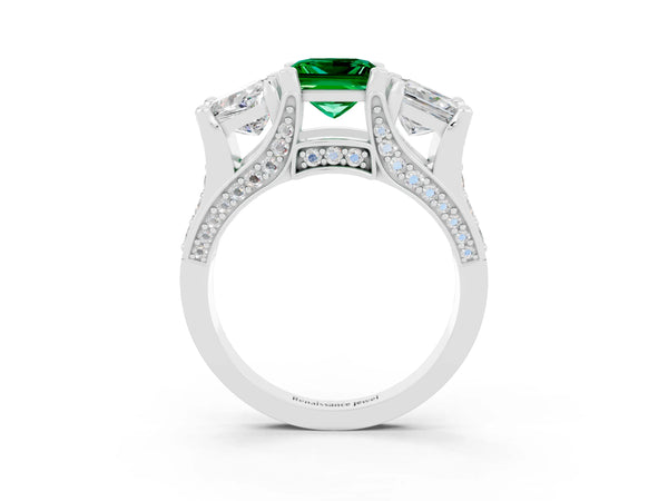 Platinum Princess Cut Emerald Three-Stone Ring with Channel Set Band and Four-Prong Setting