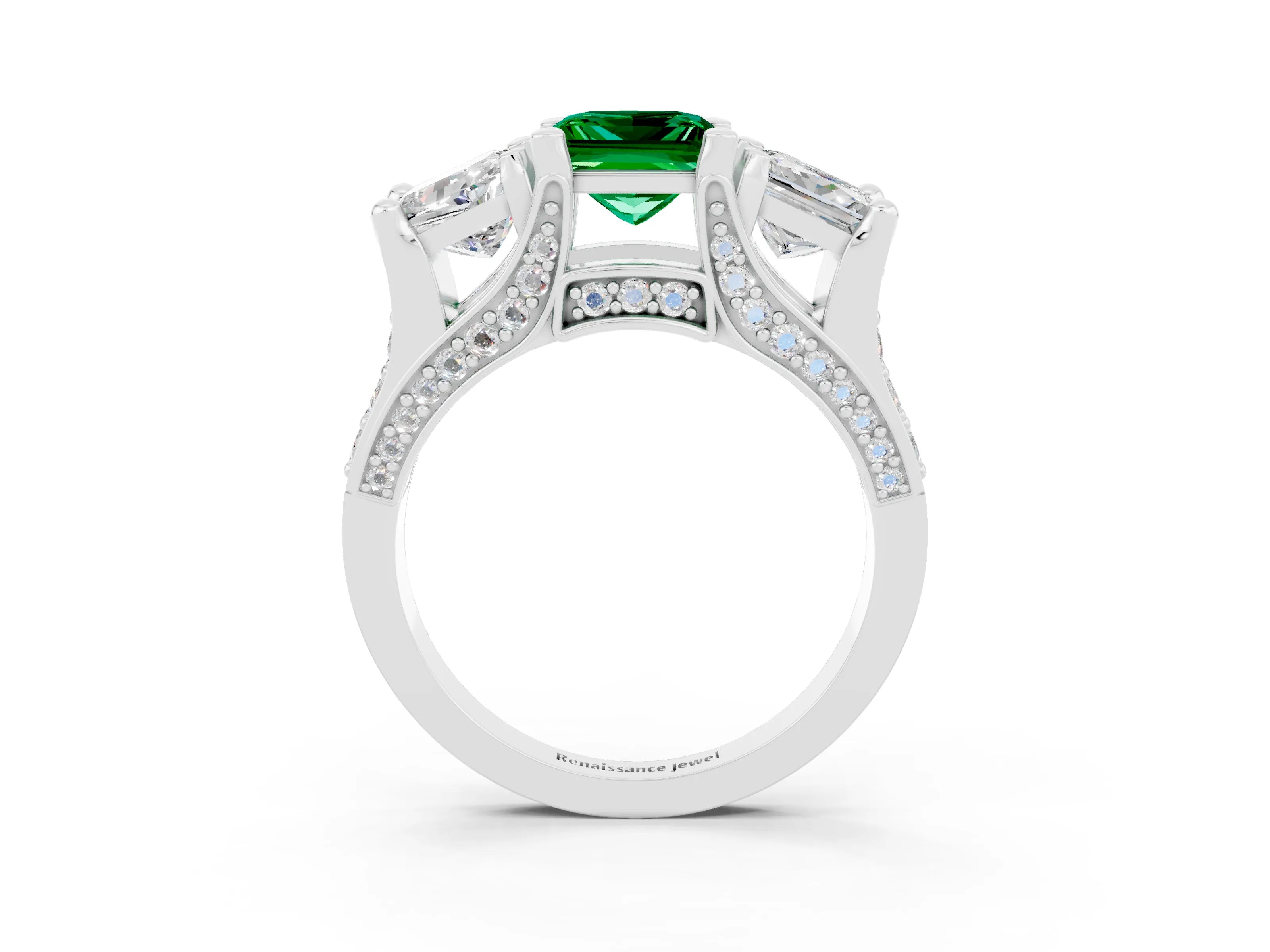 White gold Princess Cut Emerald Three-Stone Ring with Channel Set Band and Four-Prong Setting_3