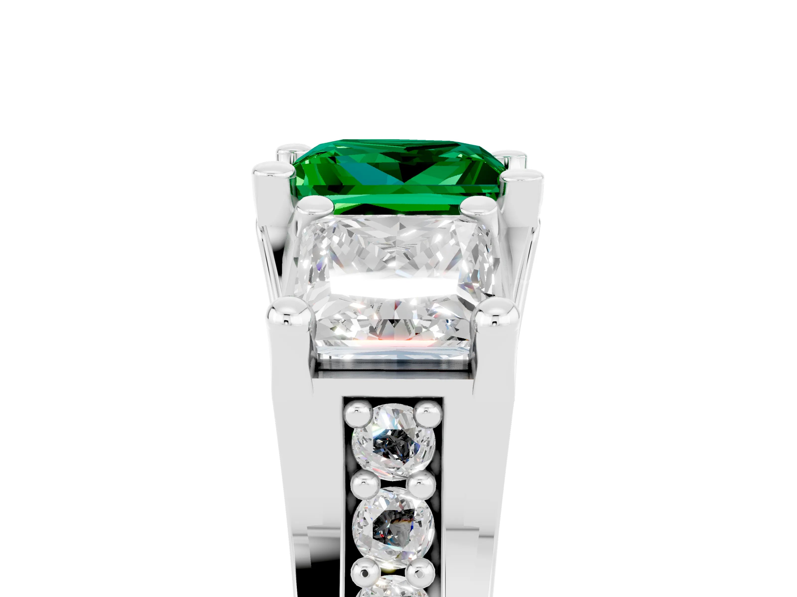 White gold Princess Cut Emerald Three-Stone Ring with Channel Set Band and Four-Prong Setting_5
