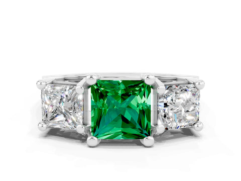 White gold Princess Cut Emerald Three-Stone Ring with Channel Set Band and Four-Prong Setting