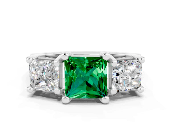 White gold Princess Cut Emerald Three-Stone Ring with Channel Set Band and Four-Prong Setting
