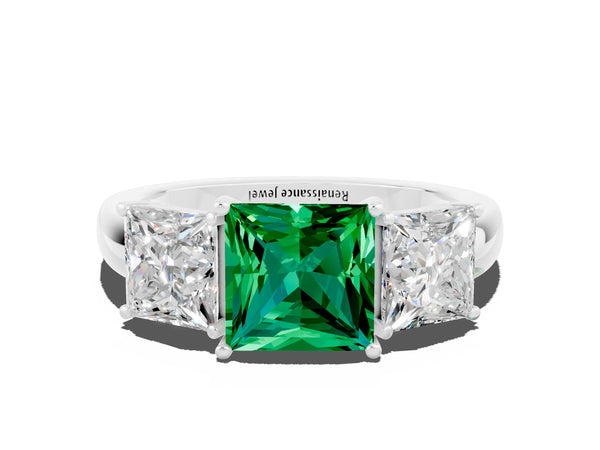 Platinum Princess Cut Emerald Three-Stone Ring with Four-Prong Setting and Classic Band