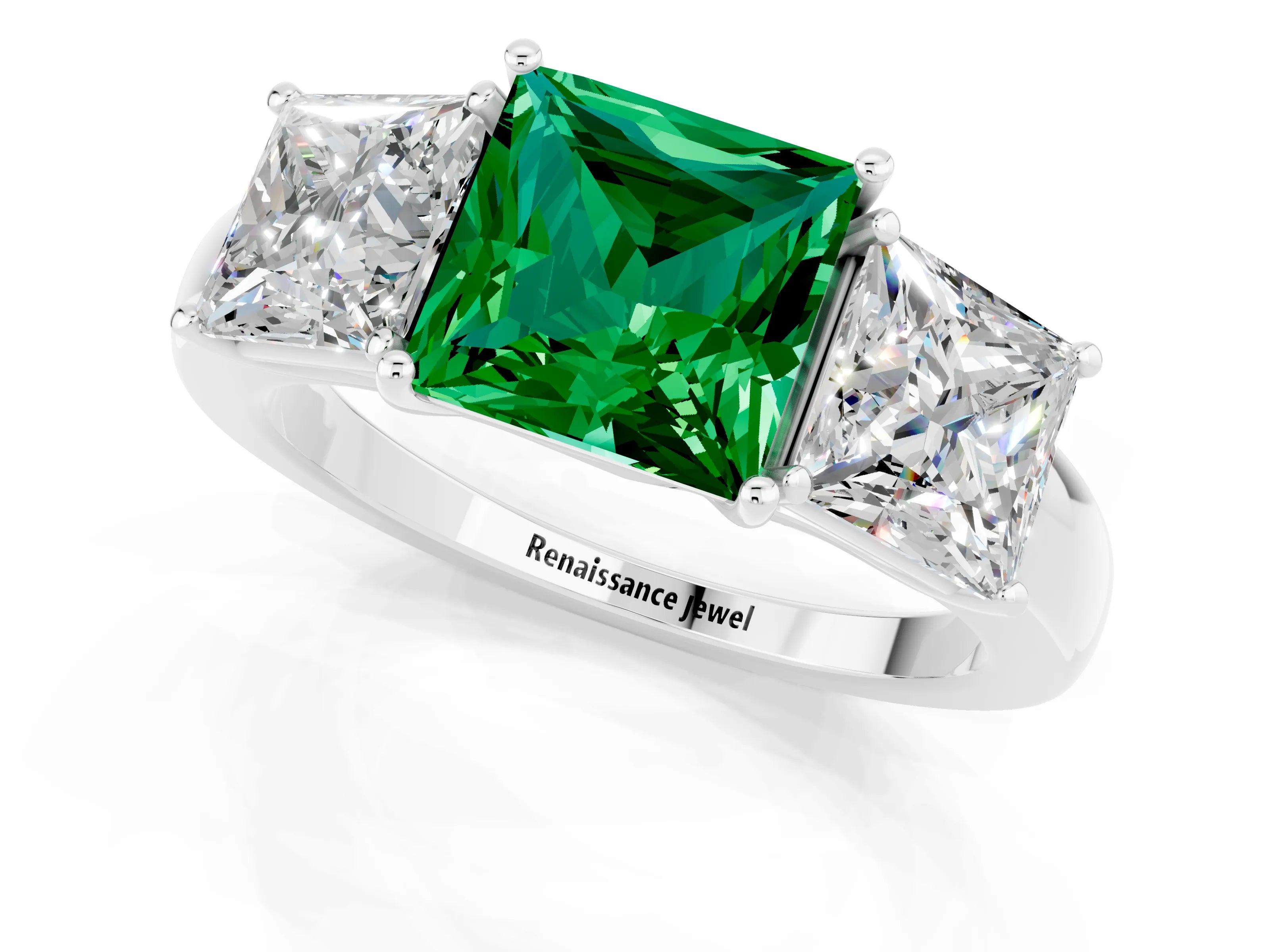 White gold Princess Cut Emerald Three-Stone Ring with Four-Prong Setting and Classic Band_1