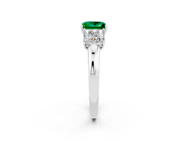 Silver Princess Cut Emerald Three-Stone Ring with Four-Prong Setting and Classic Band