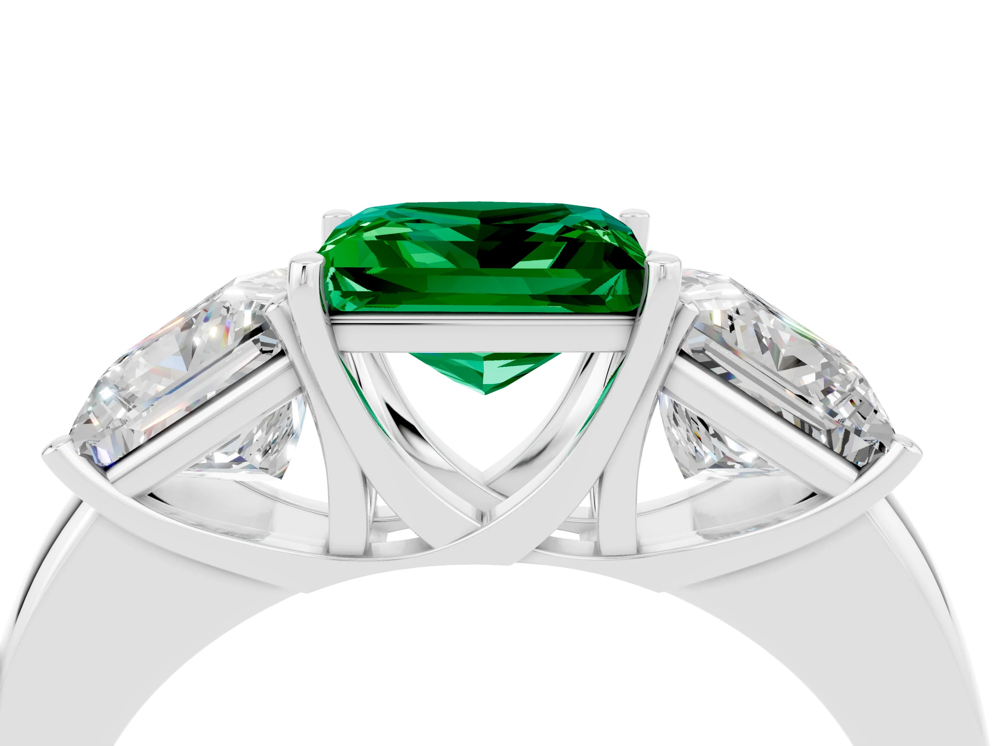 White gold Princess Cut Emerald Three-Stone Ring with Four-Prong Setting and Classic Band_4