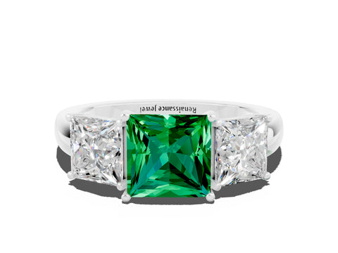 White gold Princess Cut Emerald Three-Stone Ring with Four-Prong Setting and Classic Band
