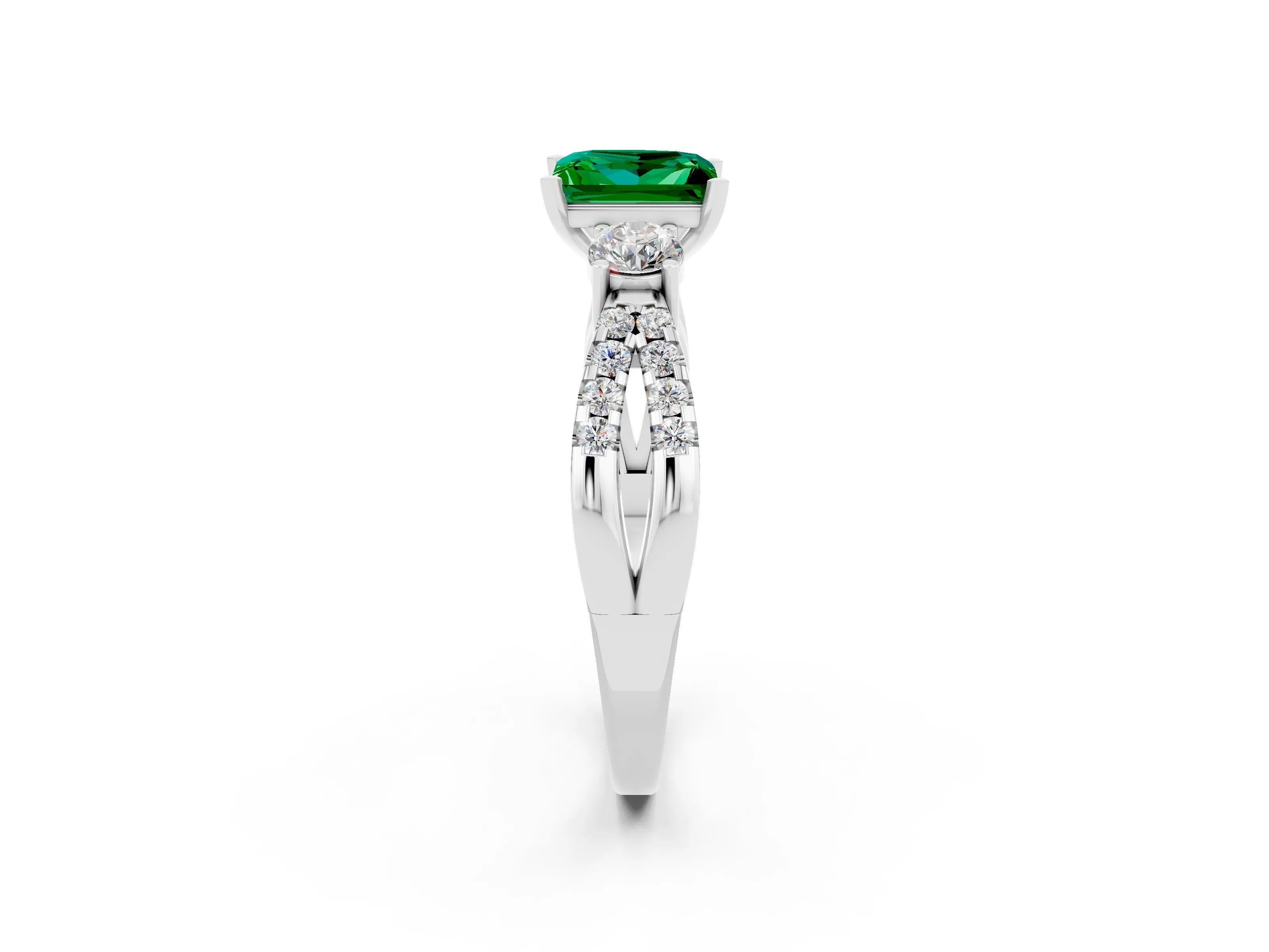 White gold Princess Cut Emerald Three-Stone Ring with Pavé Split Shank and Four-Prong Setting_2