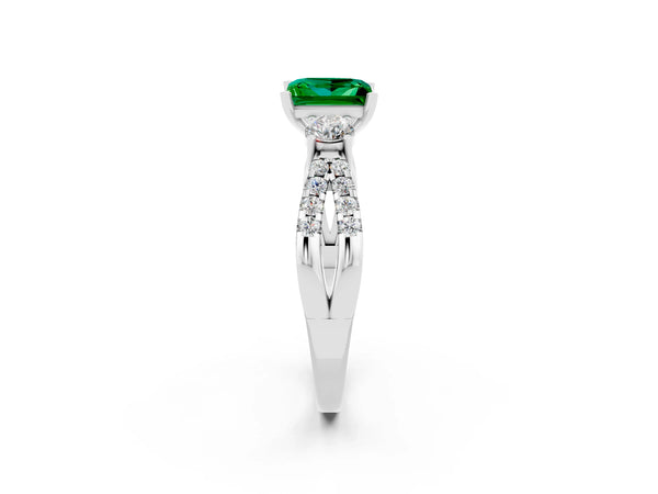Platinum Princess Cut Emerald Three-Stone Ring with Pavé Split Shank and Four-Prong Setting