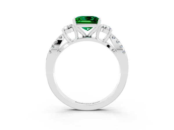 Platinum Princess Cut Emerald Three-Stone Ring with Pavé Split Shank and Four-Prong Setting