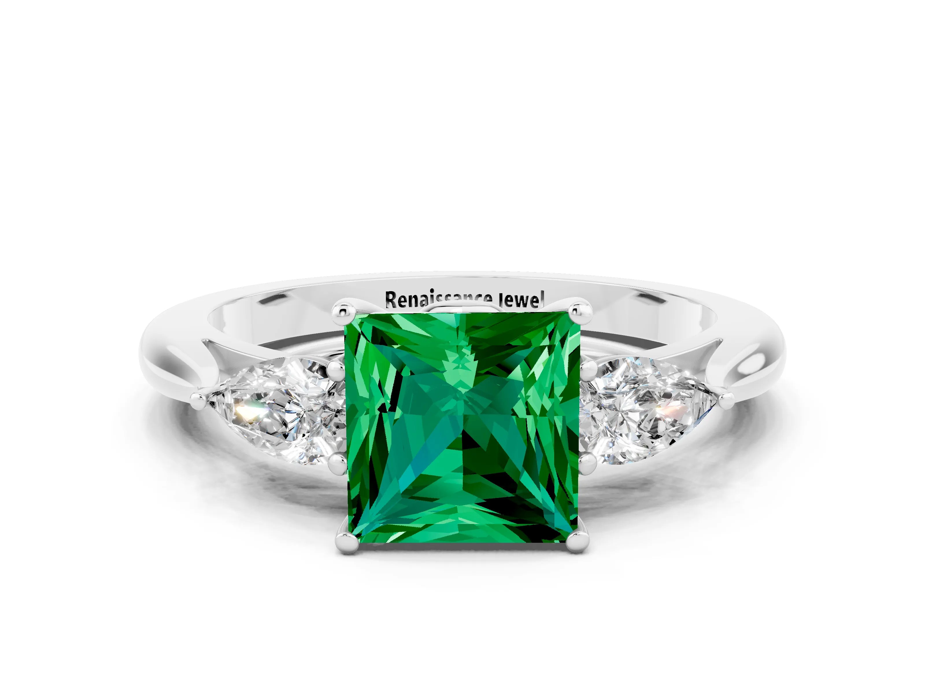 White gold Princess Cut Emerald Three-Stone Ring with Pear Side Stones and Four-Prong Setting_12