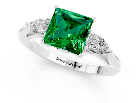 White gold Princess Cut Emerald Three-Stone Ring with Pear Side Stones and Four-Prong Setting_13