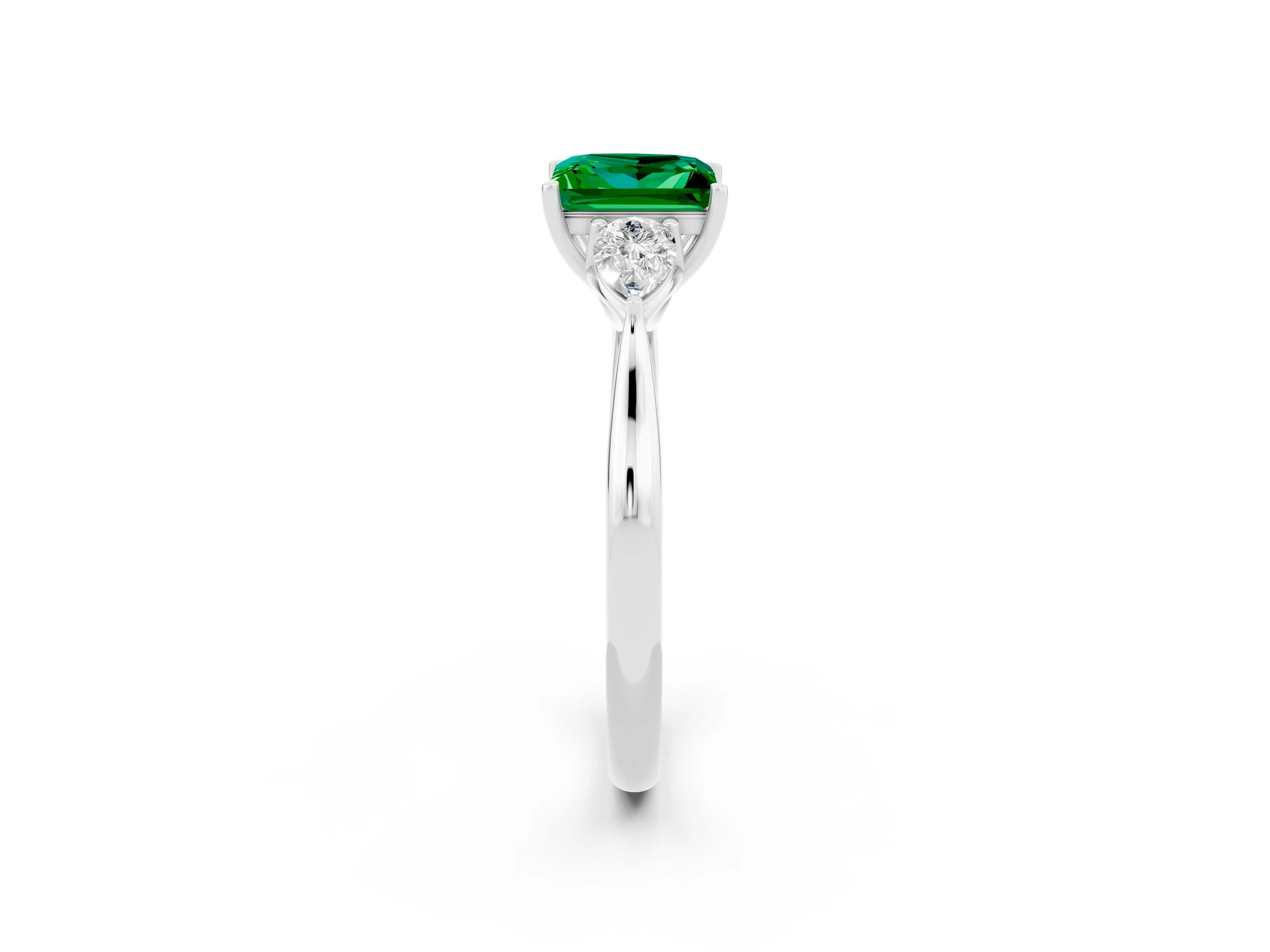 White gold Princess Cut Emerald Three-Stone Ring with Pear Side Stones and Four-Prong Setting_14