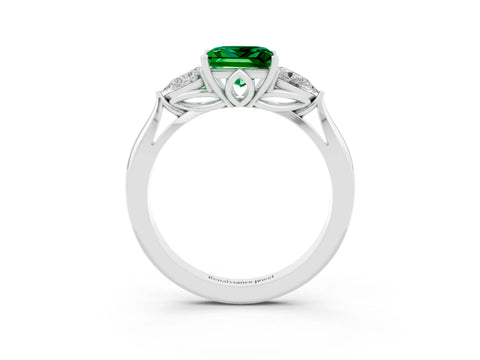 White gold Princess Cut Emerald Three-Stone Ring with Pear Side Stones and Four-Prong Setting_15