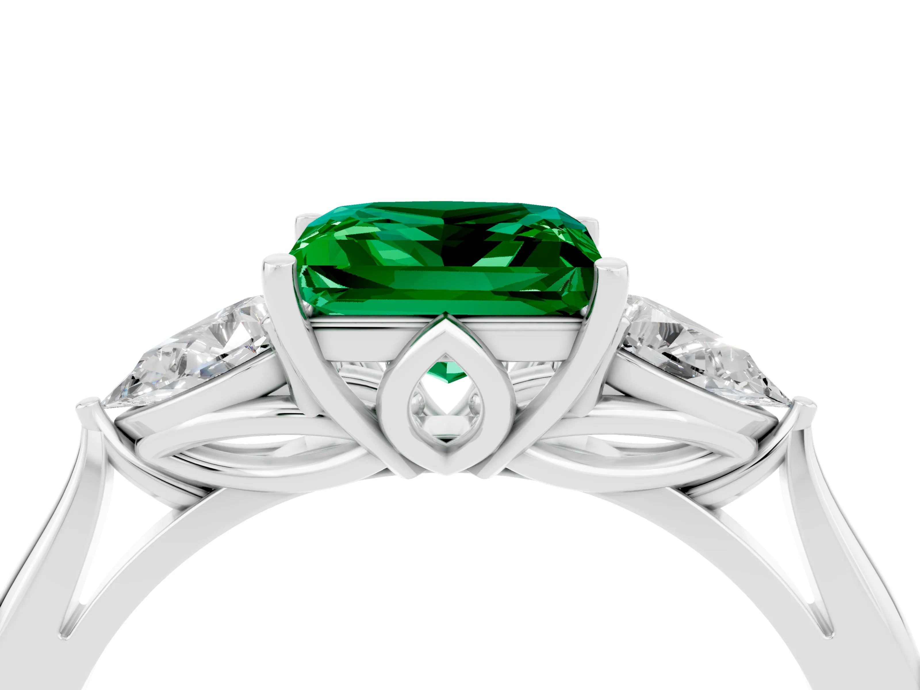 White gold Princess Cut Emerald Three-Stone Ring with Pear Side Stones and Four-Prong Setting_16