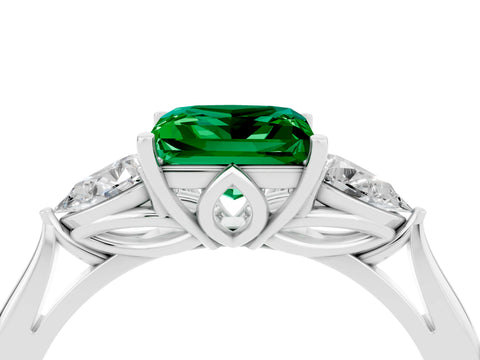 White gold Princess Cut Emerald Three-Stone Ring with Pear Side Stones and Four-Prong Setting_16