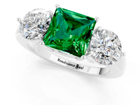 White gold Princess Cut Emerald Three-Stone Ring with Prong Setting and Classic Band_1