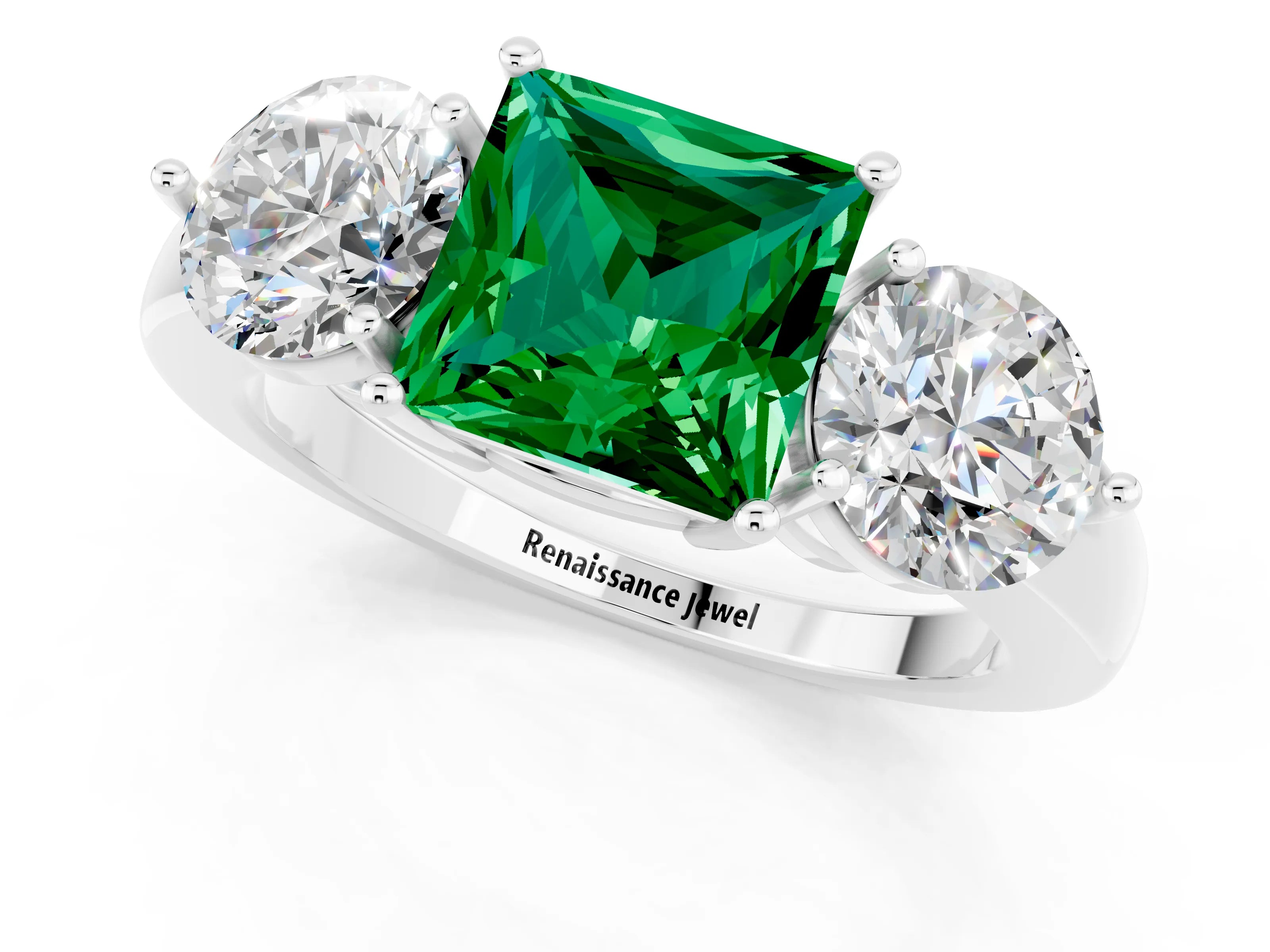 White gold Princess Cut Emerald Three-Stone Ring with Prong Setting and Classic Band_1