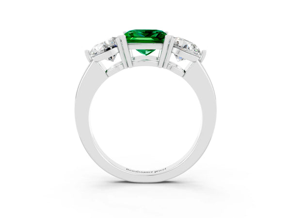 White gold Princess Cut Emerald Three-Stone Ring with Prong Setting and Classic Band