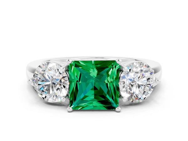 Silver Princess Cut Emerald Three-Stone Ring with Prong Setting and Classic Band