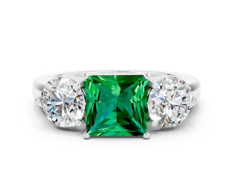 White gold Princess Cut Emerald Three-Stone Ring with Prong Setting and Classic Band