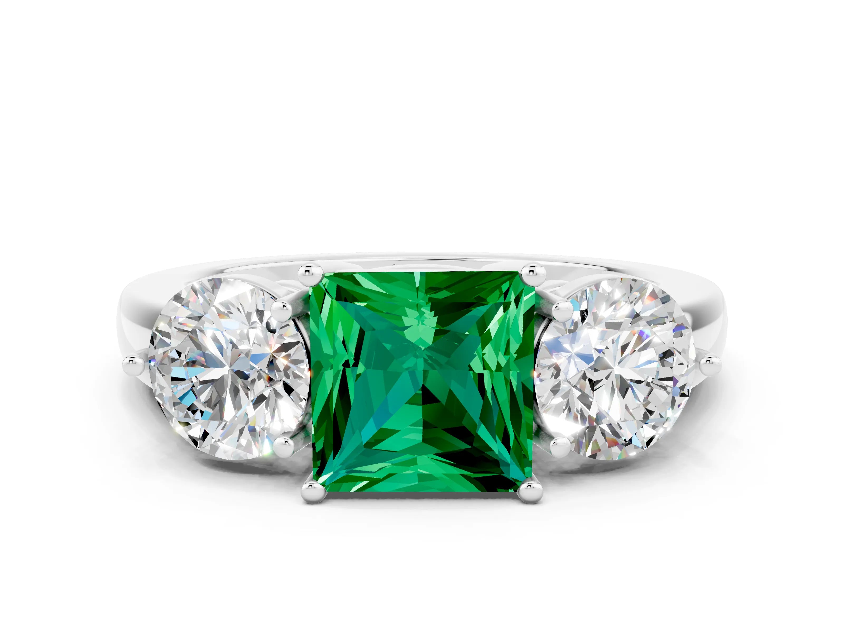 White gold Princess Cut Emerald Three-Stone Ring with Prong Setting and Classic Band