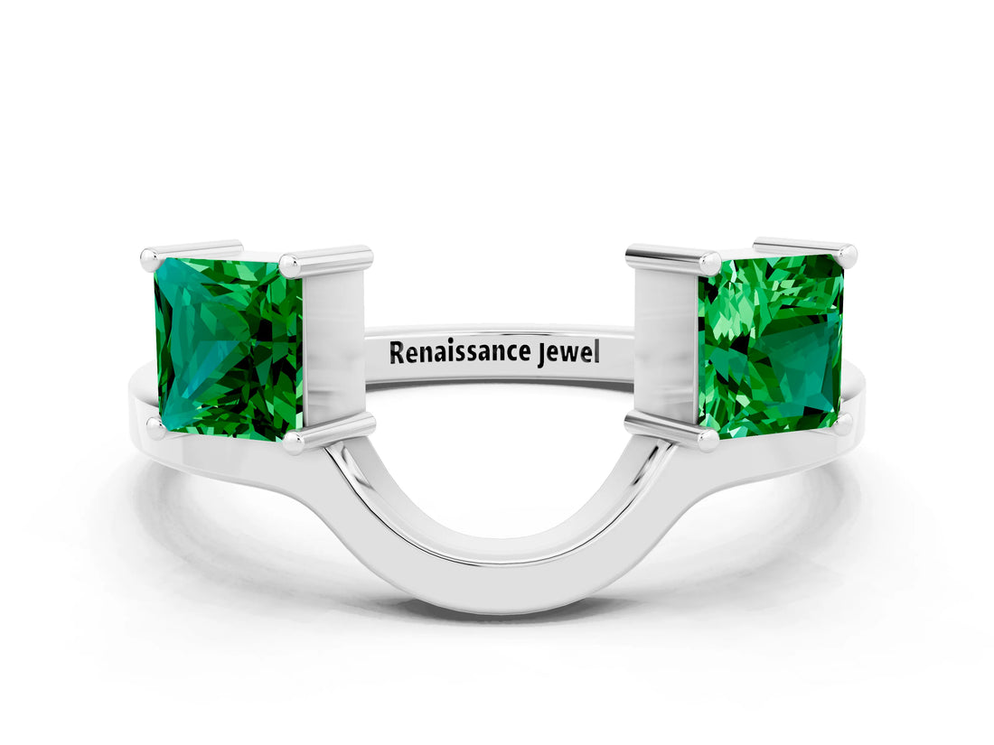 White gold Princess Cut Emerald Two-Stone Open Band Ring with Four-Prong Setting_6
