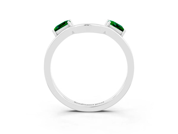 White Gold Princess Cut Lab-Grown Emerald Two Stone Curved Wedding Band with Solid Walls