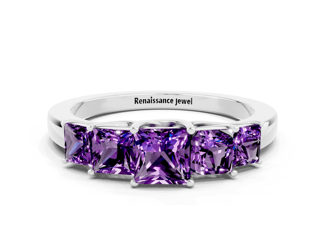 White gold Princess Cut Five-Stone Amethyst Ring with Classic Prong Setting_6