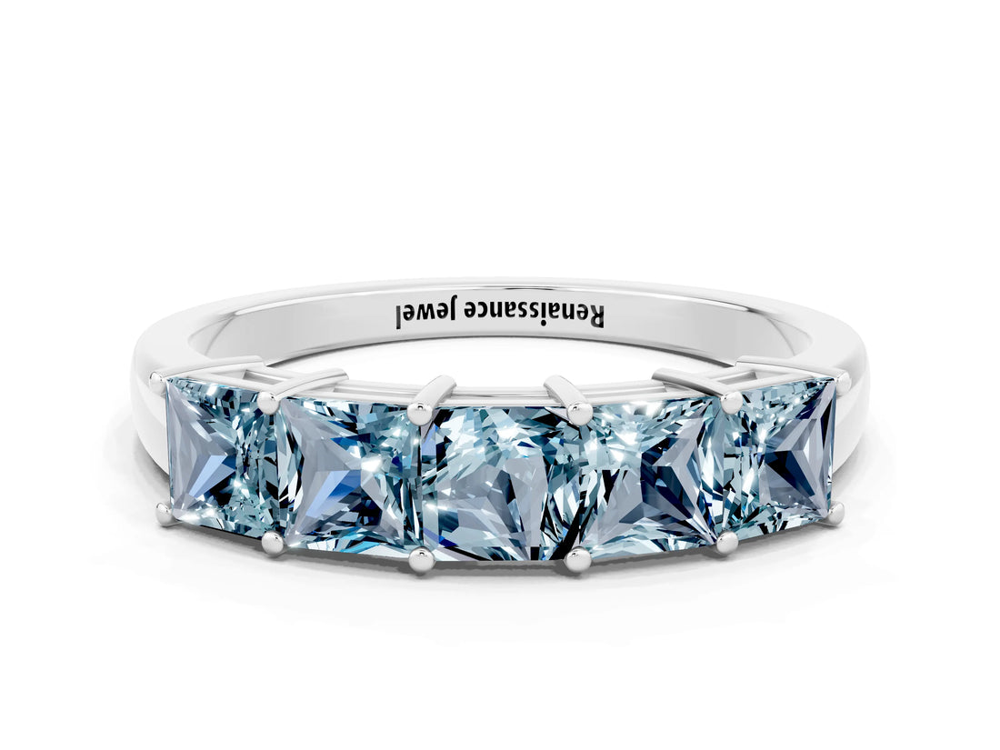 White gold Princess Cut Five-Stone Aquamarine Band with Prong Setting_6