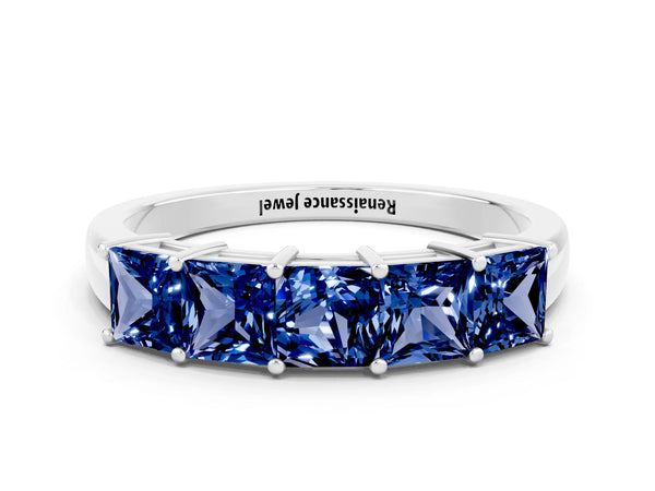 White Gold Princess Cut Lab-Grown Blue Sapphire Five Stone Wedding Band with Spaced Prongs