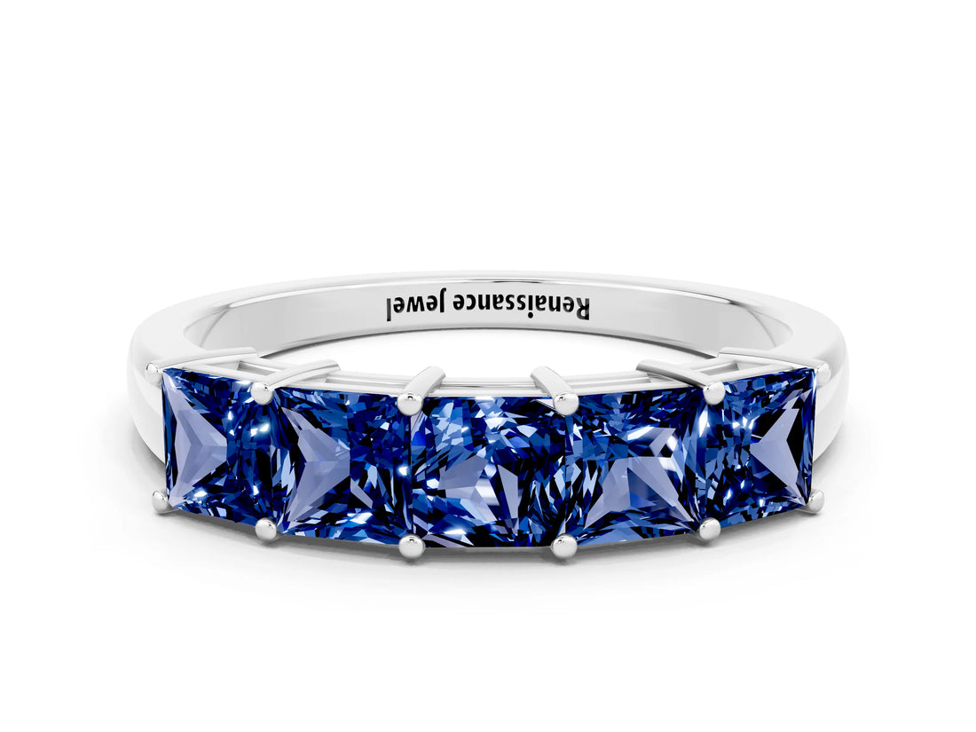 14K White Gold Princess Cut Five-Stone Blue Sapphire Band with Prong Setting