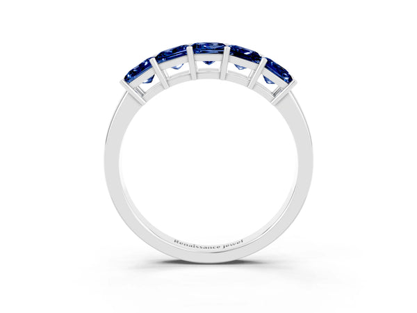 White Gold Princess Cut Lab-Grown Blue Sapphire Five Stone Wedding Band with Spaced Prongs
