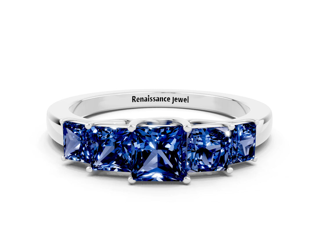 White gold Princess Cut Five-Stone Blue Sapphire Ring with Classic Prong Setting_6