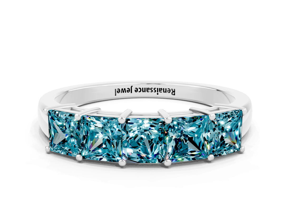 White gold Princess Cut Five-Stone Blue Topaz Band with Prong Setting_6