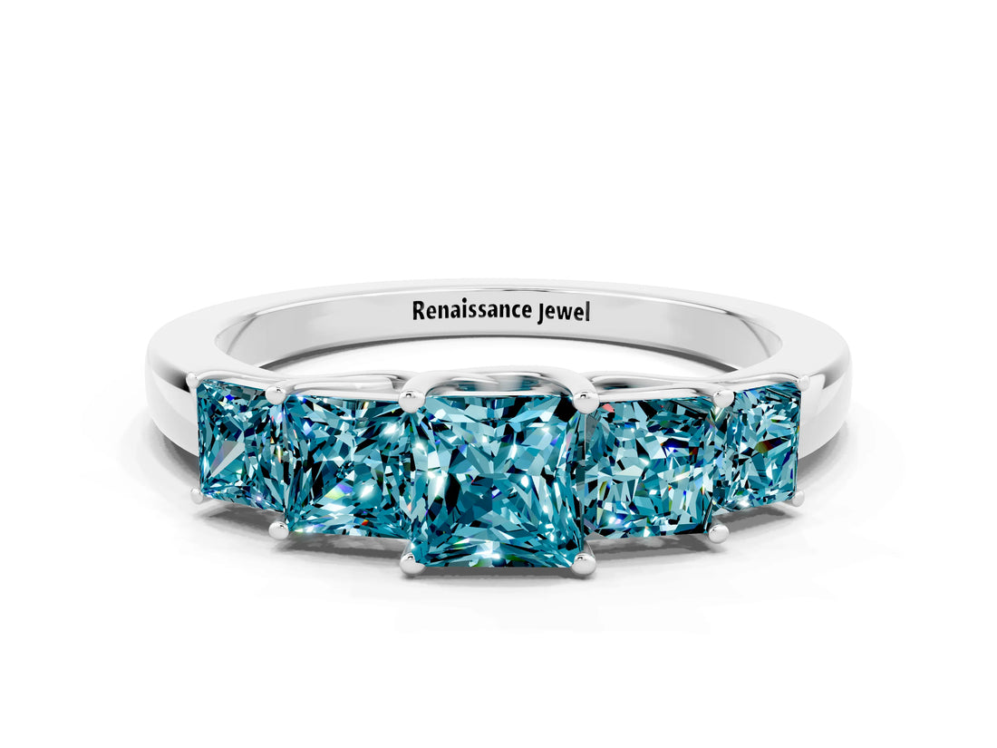 White gold Princess Cut Five-Stone Blue Topaz Ring with Classic Prong Setting_6