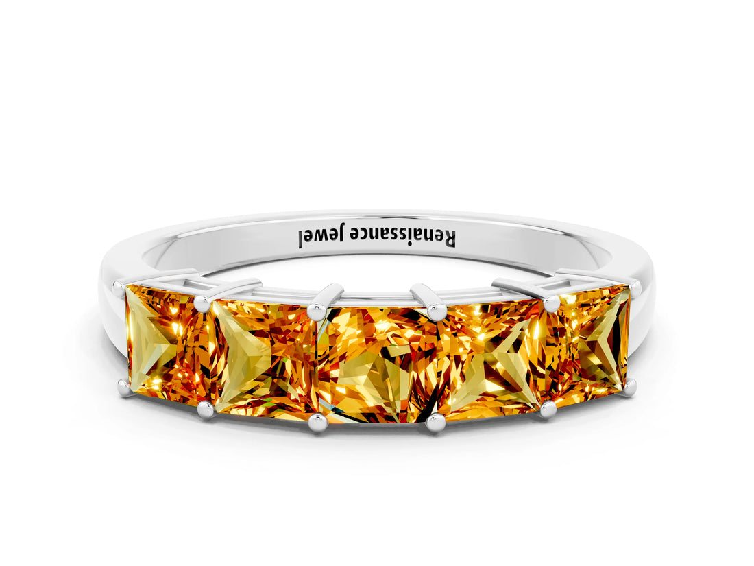 White gold Princess Cut Five-Stone Citrine Band with Prong Setting_6