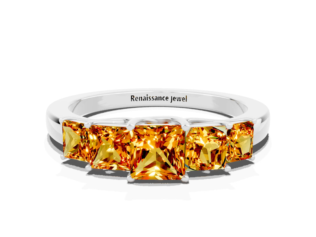 White gold Princess Cut Five-Stone Citrine Ring with Classic Prong Setting_6