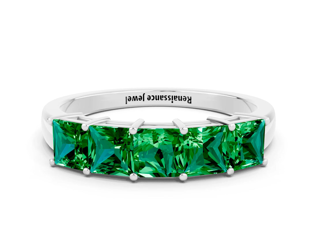 10K White Gold Princess Cut Five-Stone Emerald Band with Prong Setting