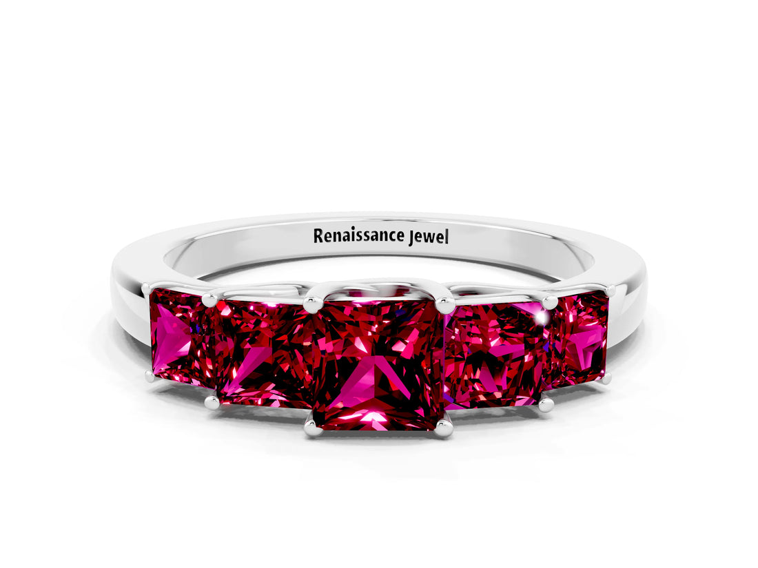 White gold Princess Cut Five-Stone Garnet Ring with Classic Prong Setting_6
