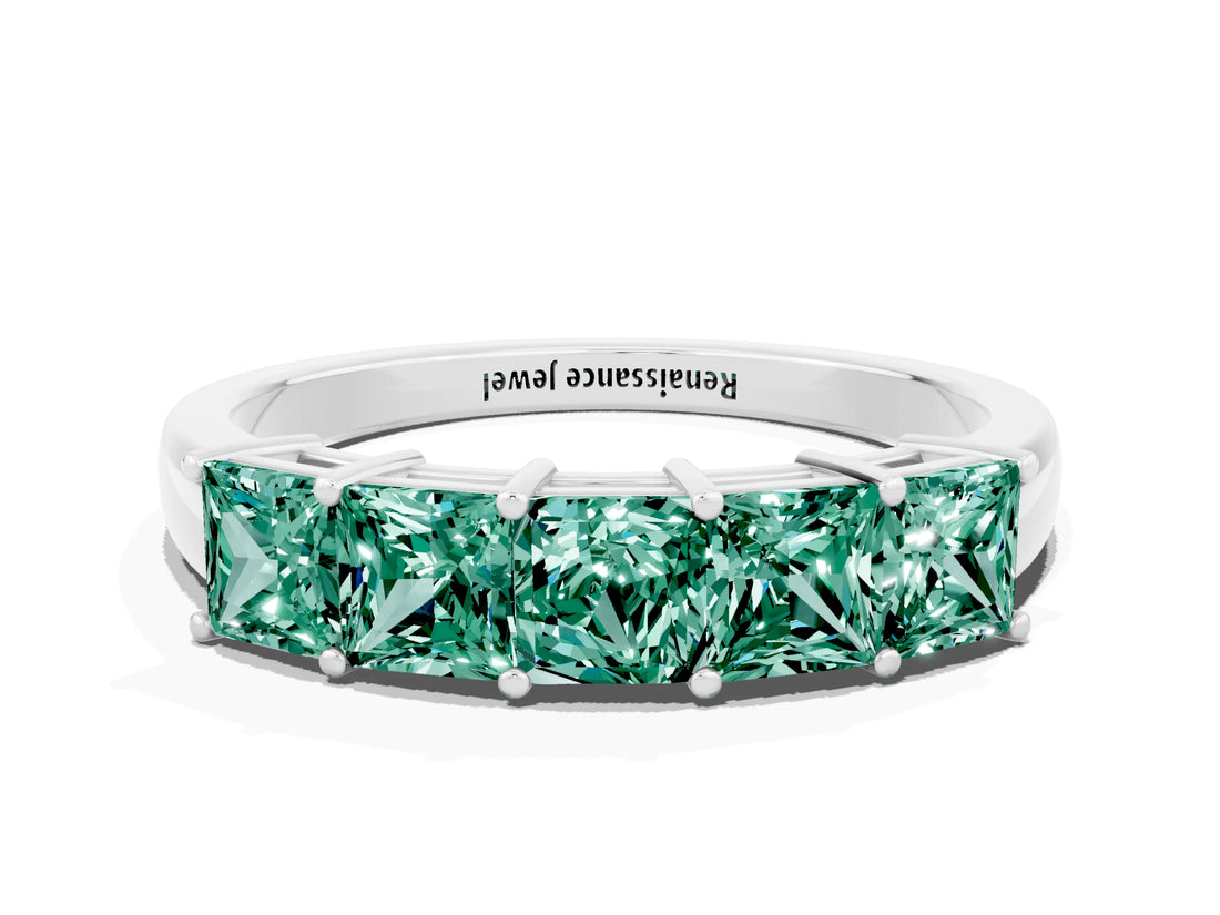 White gold Princess Cut Five-Stone Green Sapphire Band with Prong Setting_6