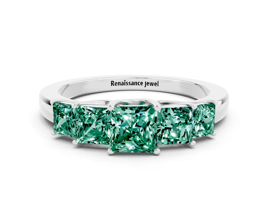 White gold Princess Cut Five-Stone Green Sapphire Ring with Classic Prong Setting_6