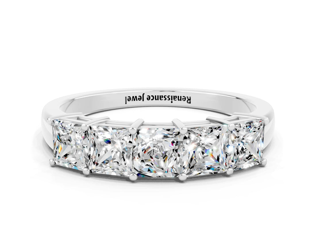 White gold Princess Cut Five-Stone Moissanite Band with Prong Setting_6
