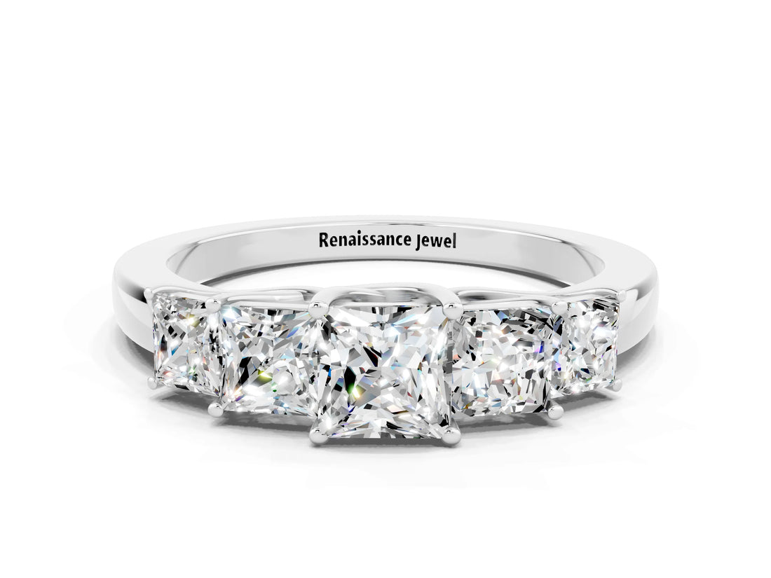 White gold Princess Cut Five-Stone Moissanite Ring with Classic Prong Setting_6
