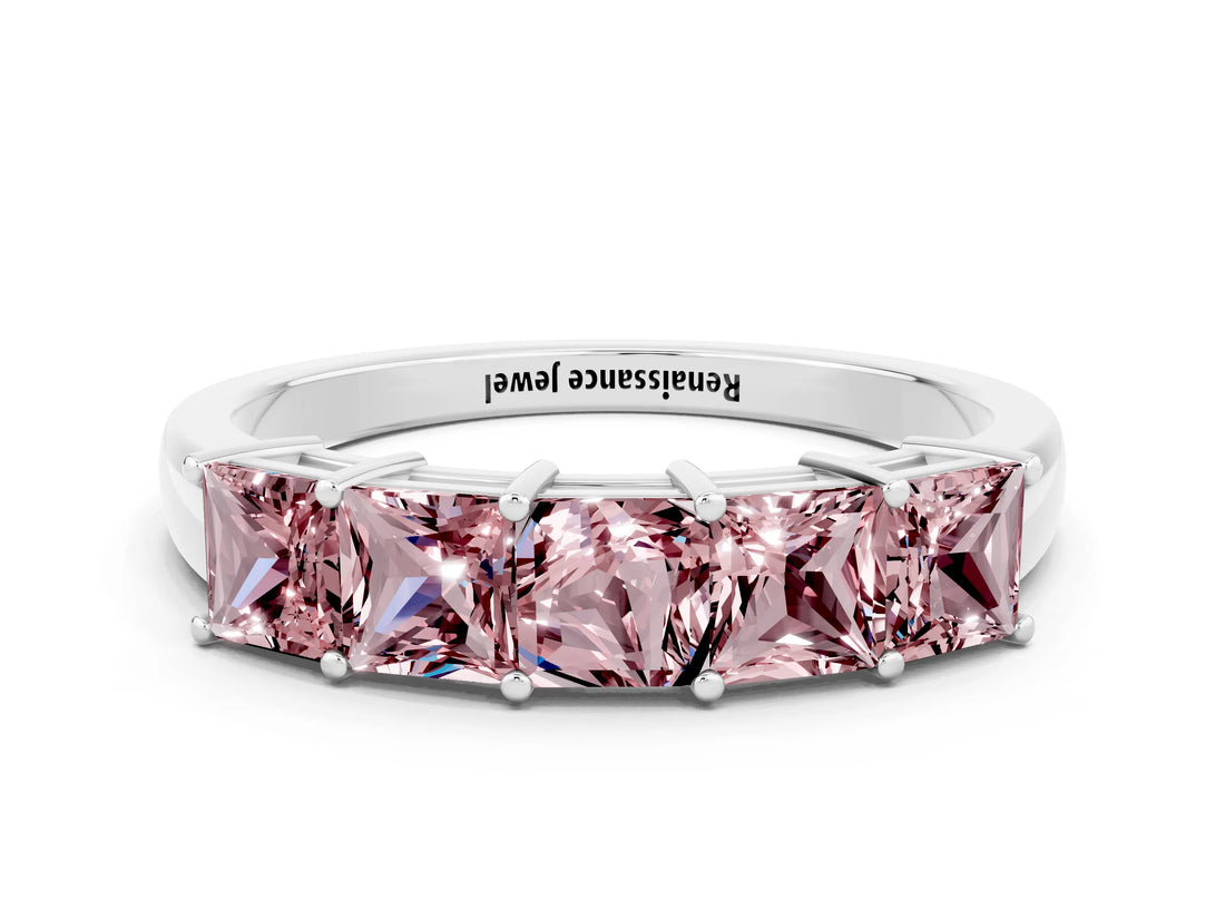 White gold Princess Cut Five-Stone Morganite Band with Prong Setting_6